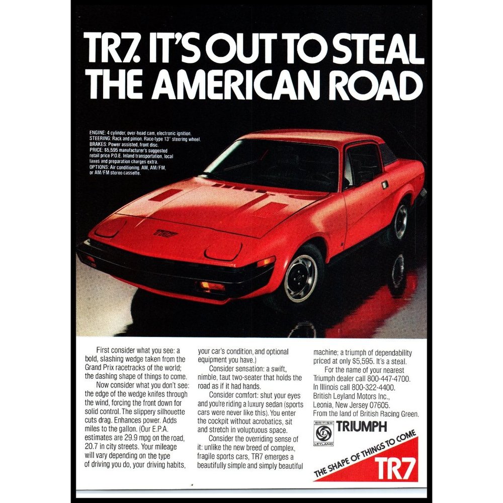 1976 Triumph TR7 TR-7 Coupe Roadster Vintage Print Ad Classic Car Wall Art Photo